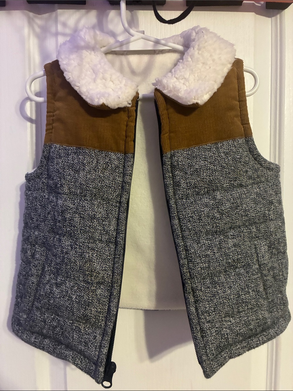 True Craft Gray Puffer Vest with Brown Corduroy Yoke and White Sherpa Collar